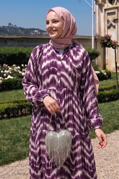 Batik Desenli Viskon Mor Elbise