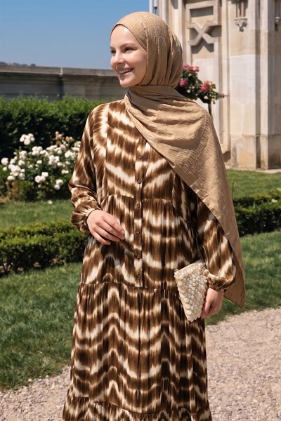 Batik Desenli Viskon Taba Elbise