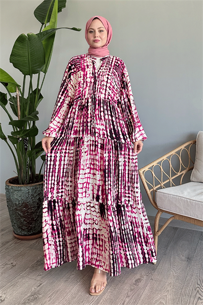 Batik Ebruli Fuşya Viskon Elbise