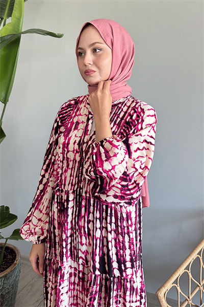Batik Ebruli Fuşya Viskon Elbise