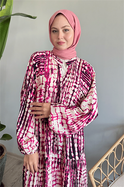 Batik Ebruli Fuşya Viskon Elbise