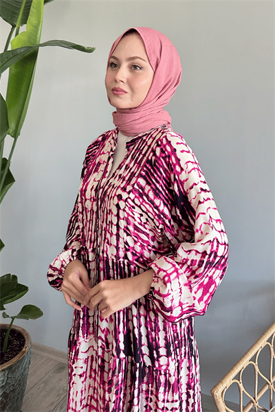 Batik Ebruli Fuşya Viskon Elbise