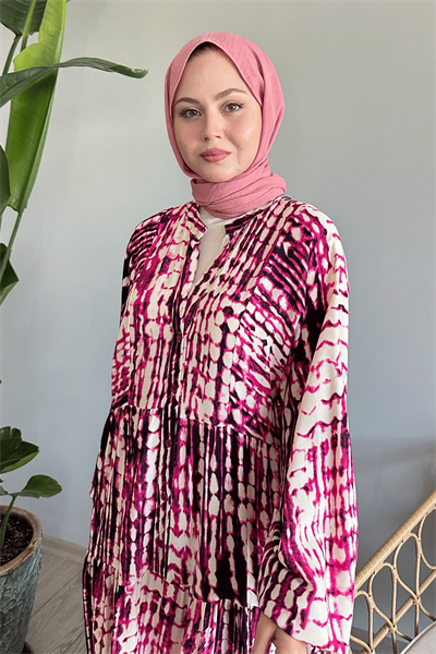 Batik Ebruli Fuşya Viskon Elbise