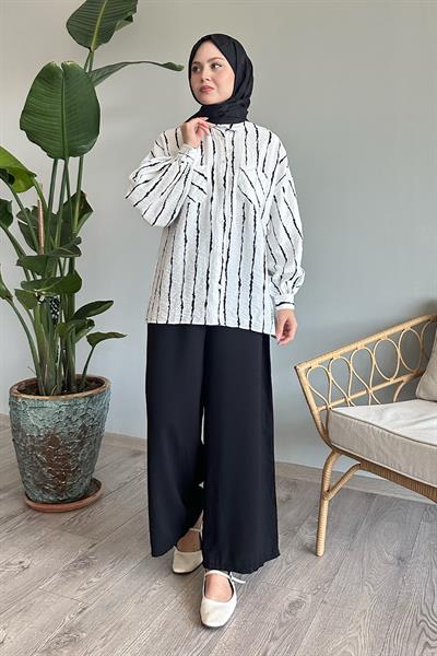 Batik Şeritli Salaş Beyaz Gömlek