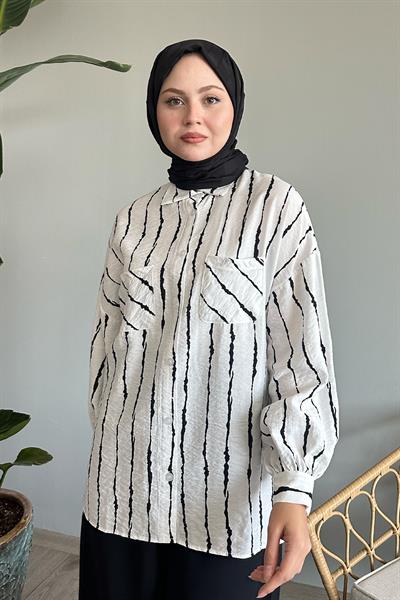 Batik Şeritli Salaş Beyaz Gömlek