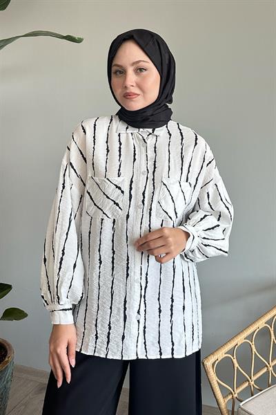 Batik Şeritli Salaş Beyaz Gömlek