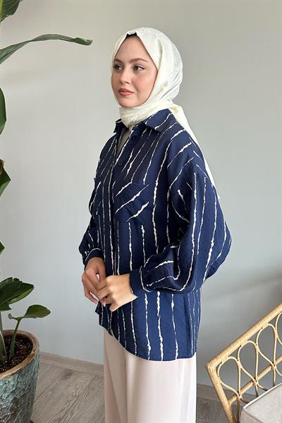 Batik Şeritli Salaş Lacivert Gömlek