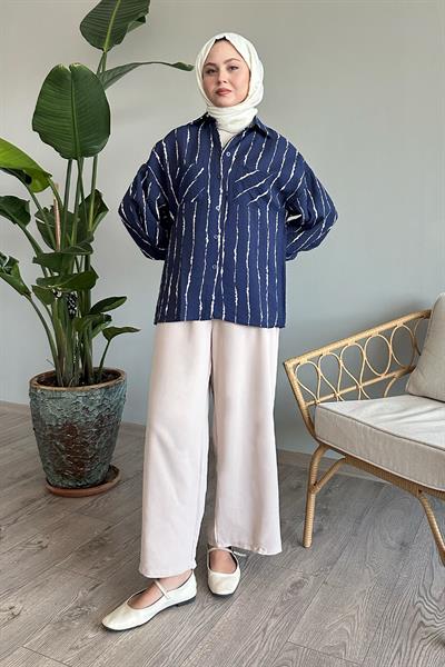 Batik Şeritli Salaş Lacivert Gömlek