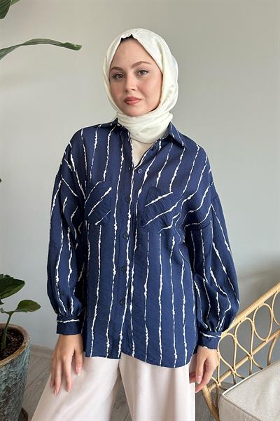 Batik Şeritli Salaş Lacivert Gömlek