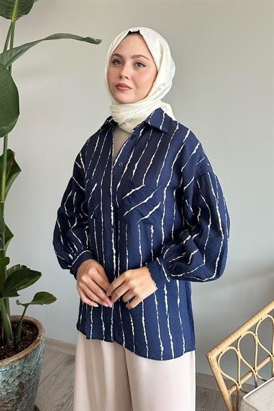 Batik Şeritli Salaş Lacivert Gömlek