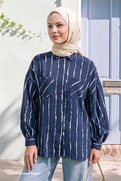 Batik Şeritli Salaş Lacivert Gömlek