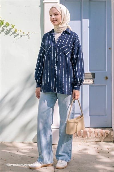 Batik Şeritli Salaş Lacivert Gömlek