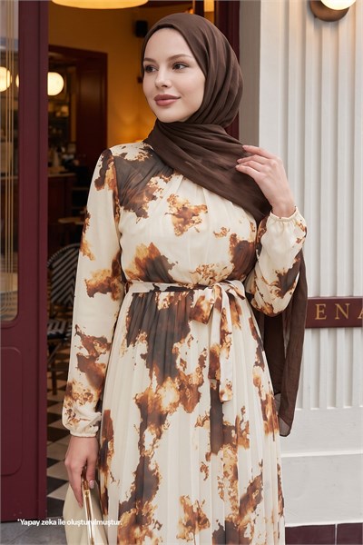 Batik Soyut Desen Kahverengi Şifon Elbise