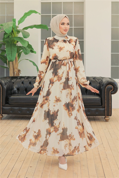 Batik Soyut Desen Kahverengi Şifon Elbise