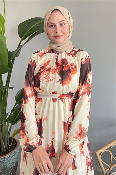 Batik Soyut Desen Kiremit Şifon Elbise