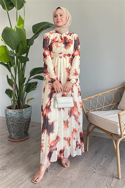 Batik Soyut Desen Kiremit Şifon Elbise