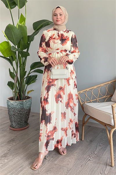 Batik Soyut Desen Kiremit Şifon Elbise