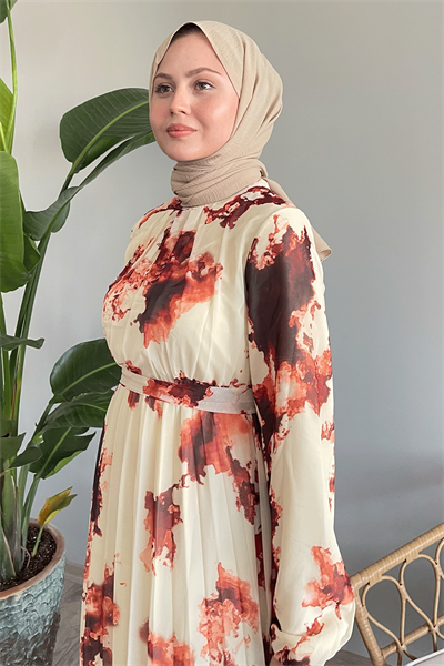 Batik Soyut Desen Kiremit Şifon Elbise