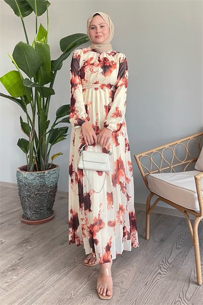 Batik Soyut Desen Kiremit Şifon Elbise