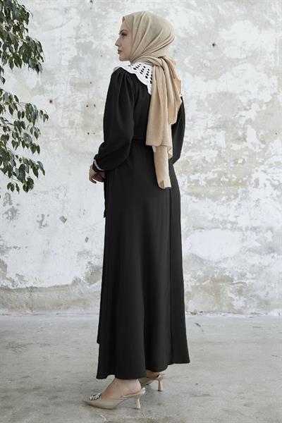 Baby Collar Belted Black Dress