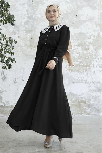 Baby Collar Belted Black Dress