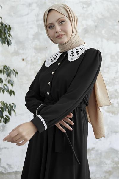 Baby Collar Belted Black Dress