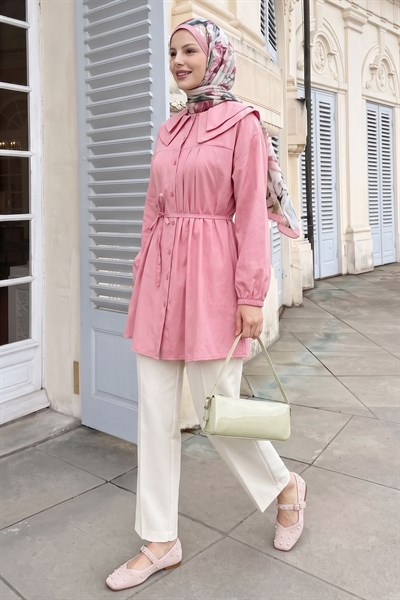 Bebe Yaka Düğmeli Pembe Tunik