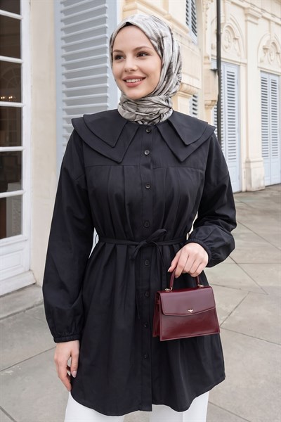 Bebe Yaka Düğmeli Siyah Tunik