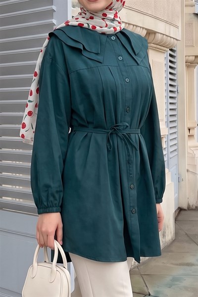 Bebe Yaka Düğmeli Zümrüt Yeşili Tunik