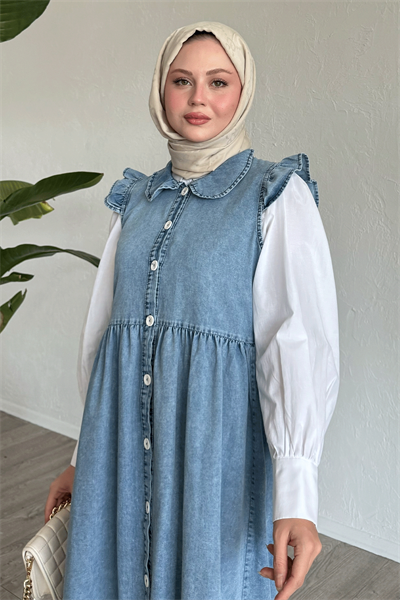 Bebe Yaka Fırfır Detay Mavi Kot Jile