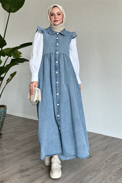 Bebe Yaka Fırfır Detay Mavi Kot Jile