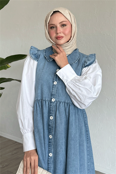 Bebe Yaka Fırfır Detay Mavi Kot Jile