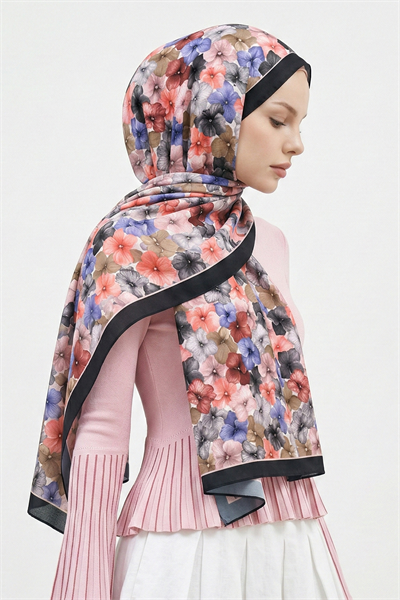 Begonvil Çiçekli Lacivert Soft Pamuk Şal