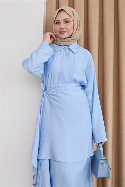 Belden Bağlamalı Bebe Mavisi Ayrobin Elbise