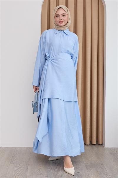Belden Bağlamalı Bebe Mavisi Ayrobin Elbise