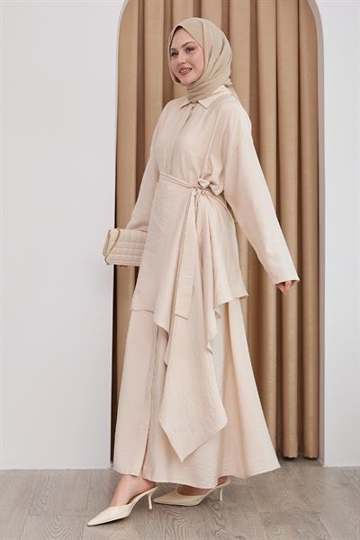 Belden Bağlamalı Bej Ayrobin Elbise