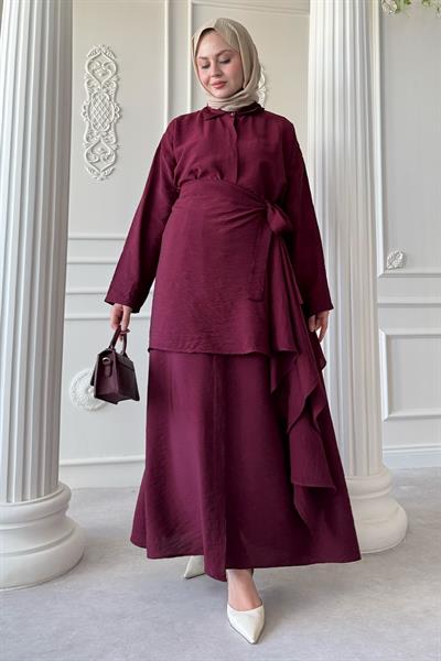 Belden Bağlamalı Bordo Ayrobin Elbise