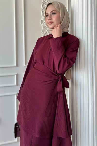 Belden Bağlamalı Bordo Ayrobin Elbise