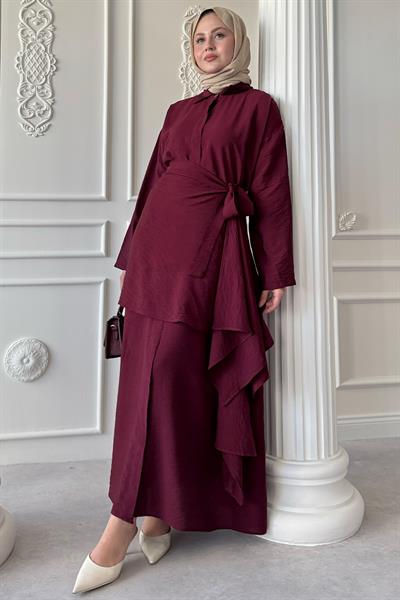 Belden Bağlamalı Bordo Ayrobin Elbise