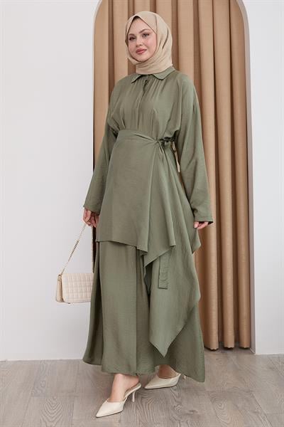 Belden Bağlamalı Haki Ayrobin Elbise