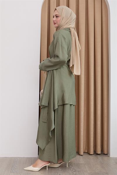 Belden Bağlamalı Haki Ayrobin Elbise