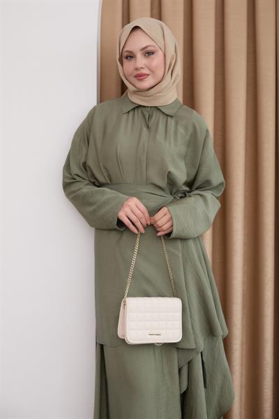 Belden Bağlamalı Haki Ayrobin Elbise