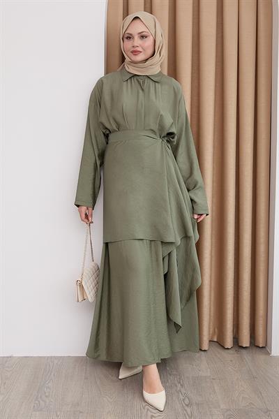 Belden Bağlamalı Haki Ayrobin Elbise