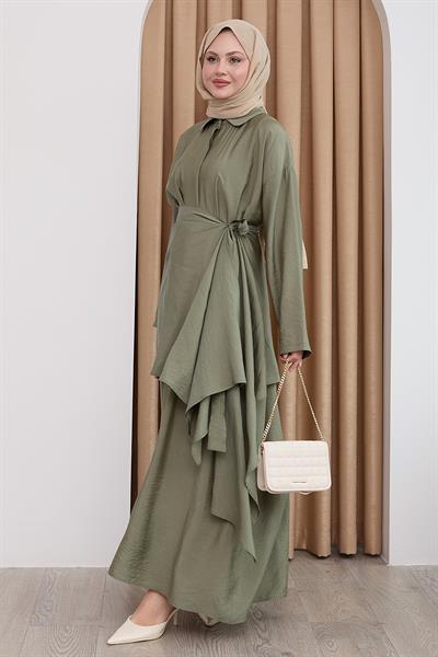 Belden Bağlamalı Haki Ayrobin Elbise