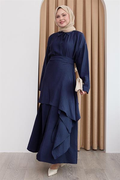 Belden Bağlamalı Koyu Lacivert Ayrobin Elbise