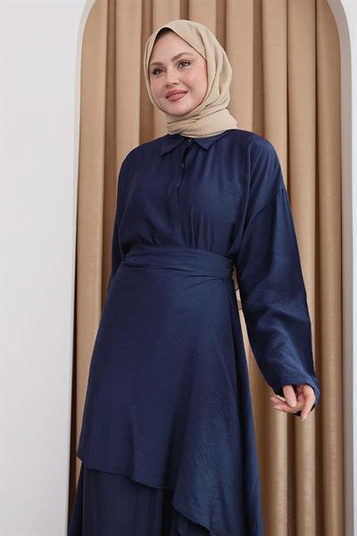 Belden Bağlamalı Koyu Lacivert Ayrobin Elbise
