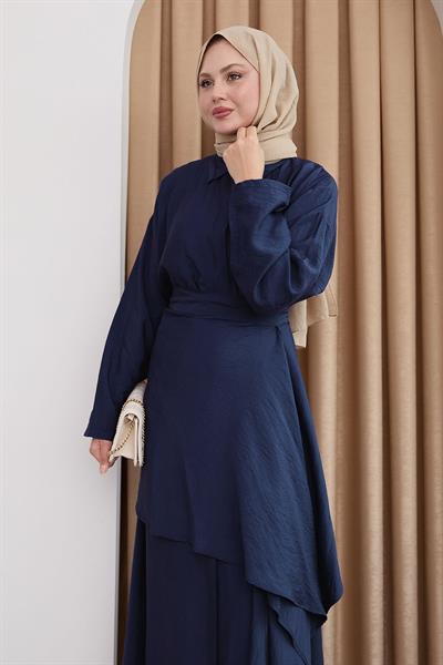 Belden Bağlamalı Koyu Lacivert Ayrobin Elbise