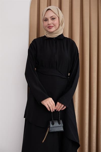 Belden Bağlamalı Siyah Ayrobin Elbise