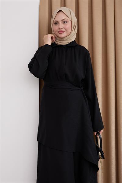Belden Bağlamalı Siyah Ayrobin Elbise