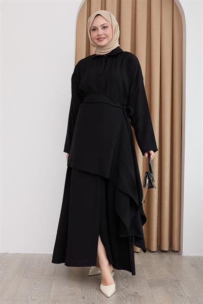 Belden Bağlamalı Siyah Ayrobin Elbise